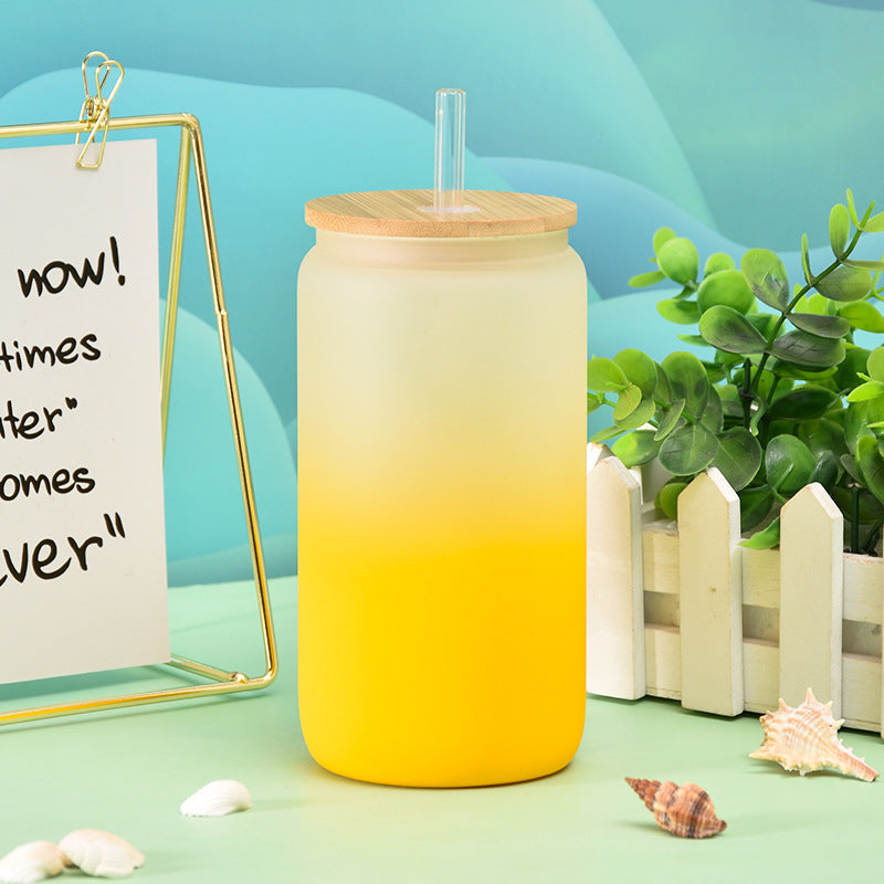 Gradient Matte Frosted Glass Can with Bamboo Lid Drinkware Tumbler World Yellow 550ml 401 500ml 