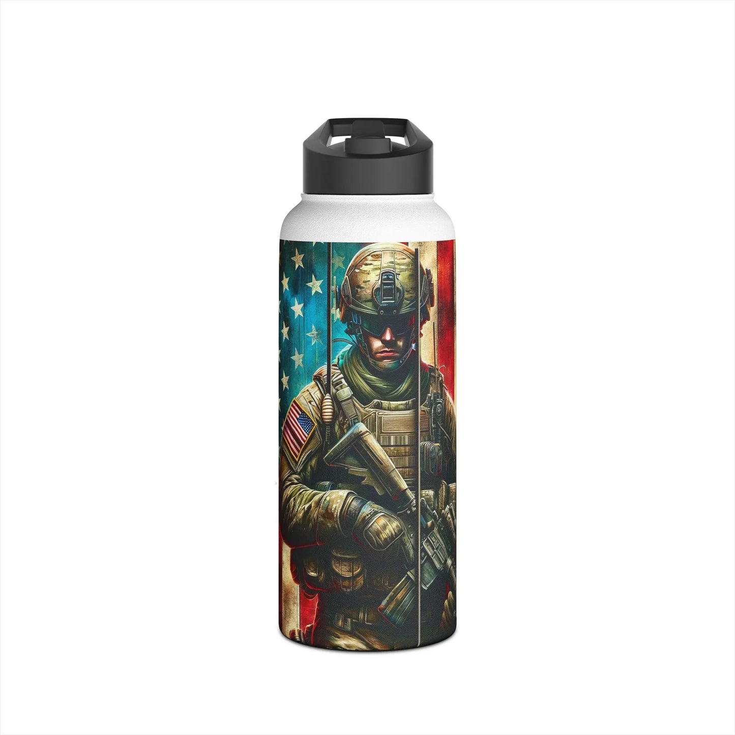 Patriotic Soldier and American Flag Stainless Steel Water Bottle - Tumbler World