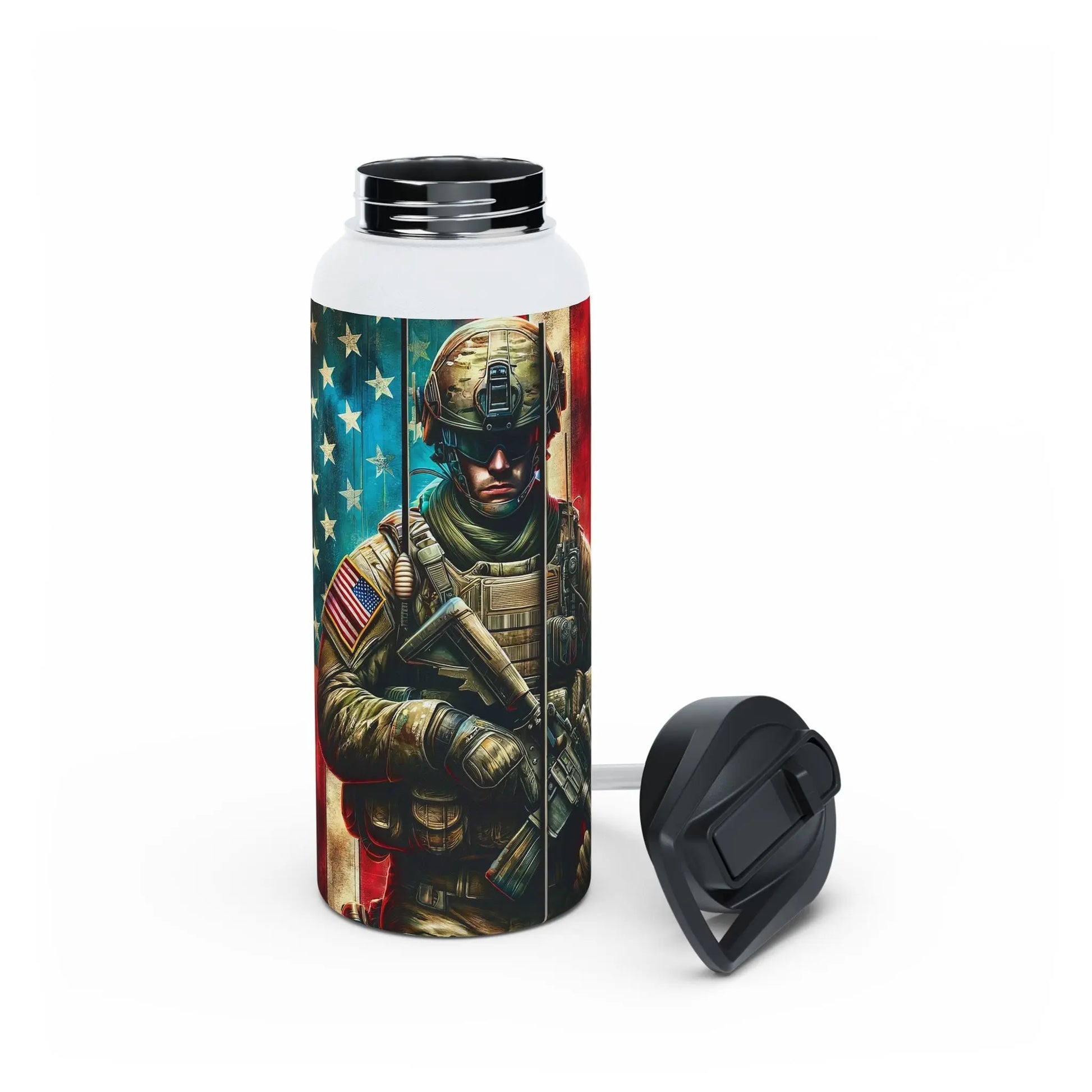 Patriotic Soldier and American Flag Stainless Steel Water Bottle - Tumbler World