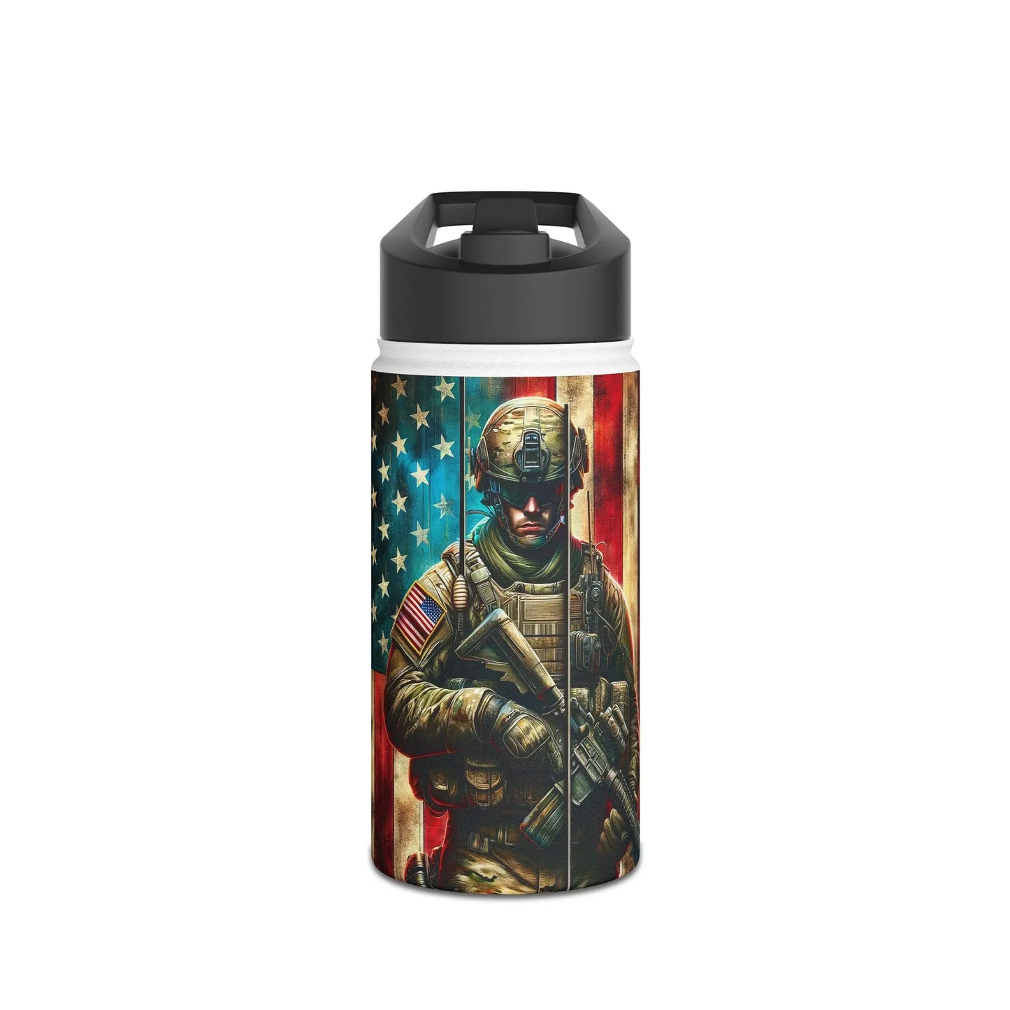 Patriotic Soldier and American Flag Stainless Steel Water Bottle - Tumbler World