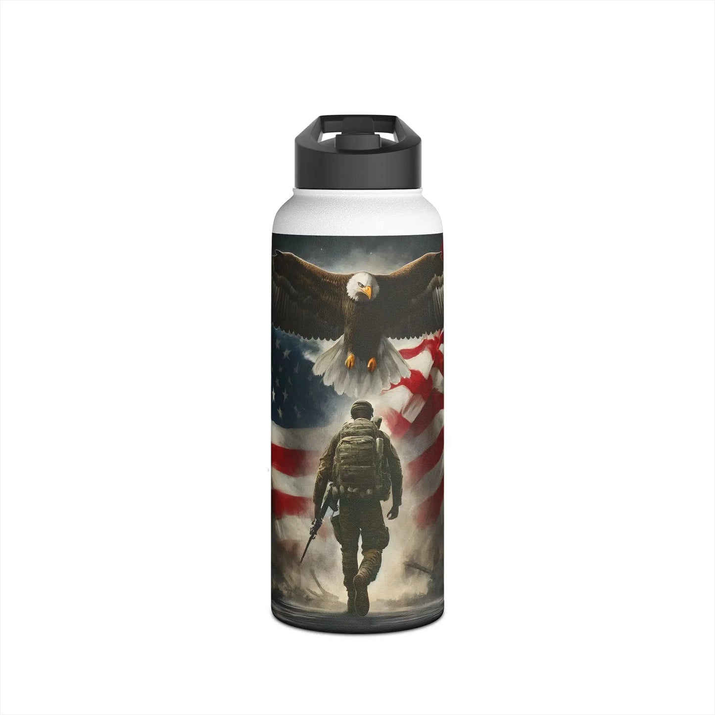 Patriotic Soldier and Eagle American Flag Stainless Steel Water Bottle - Tumbler World