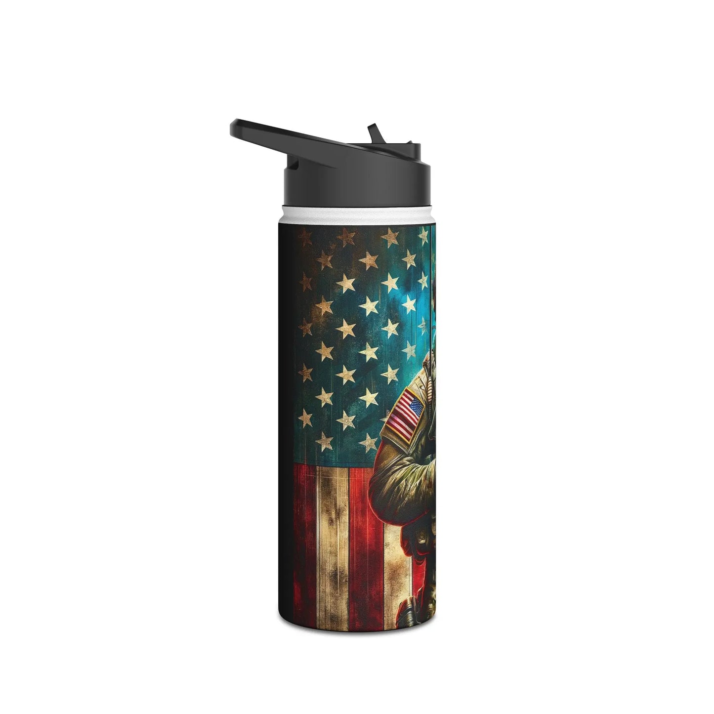 Patriotic Soldier and American Flag Stainless Steel Water Bottle - Tumbler World