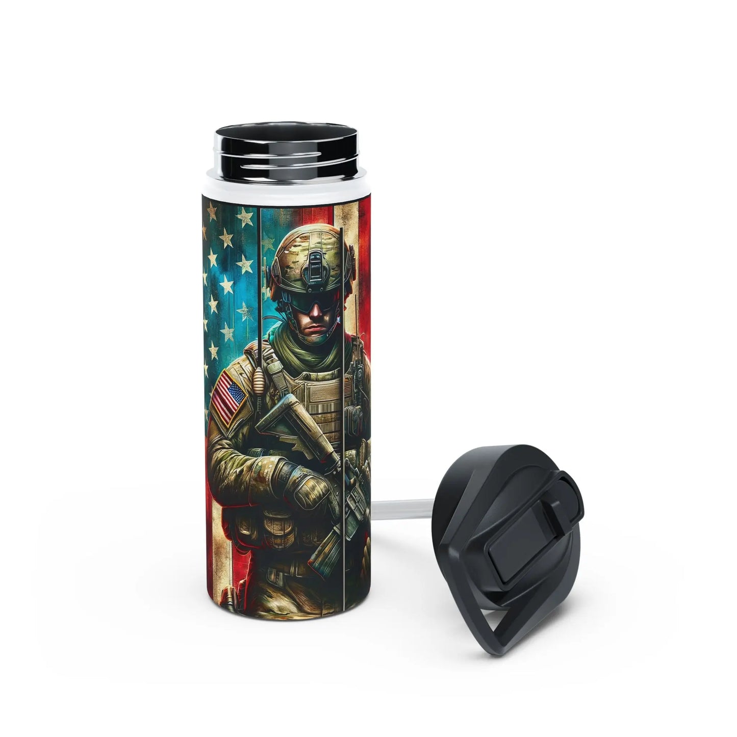 Patriotic Soldier and American Flag Stainless Steel Water Bottle - Tumbler World