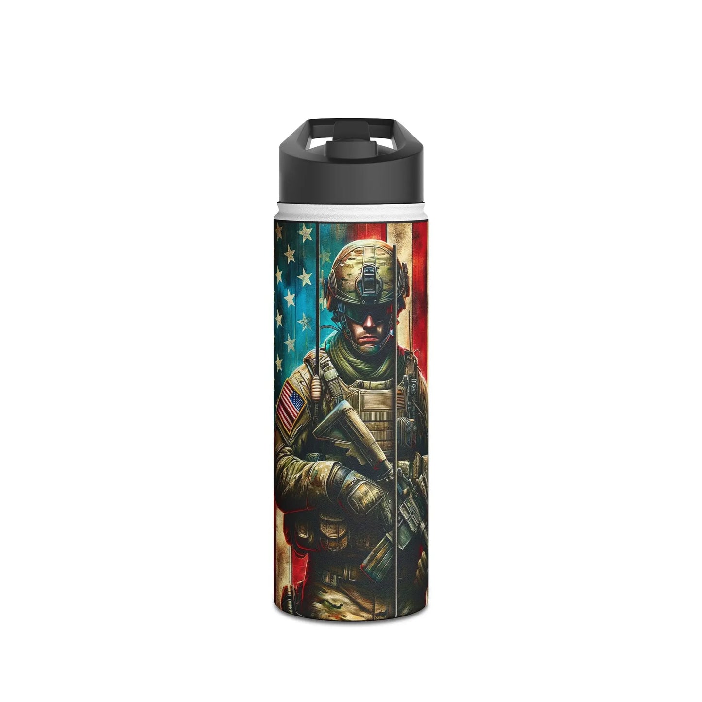 Patriotic Soldier and American Flag Stainless Steel Water Bottle - Tumbler World