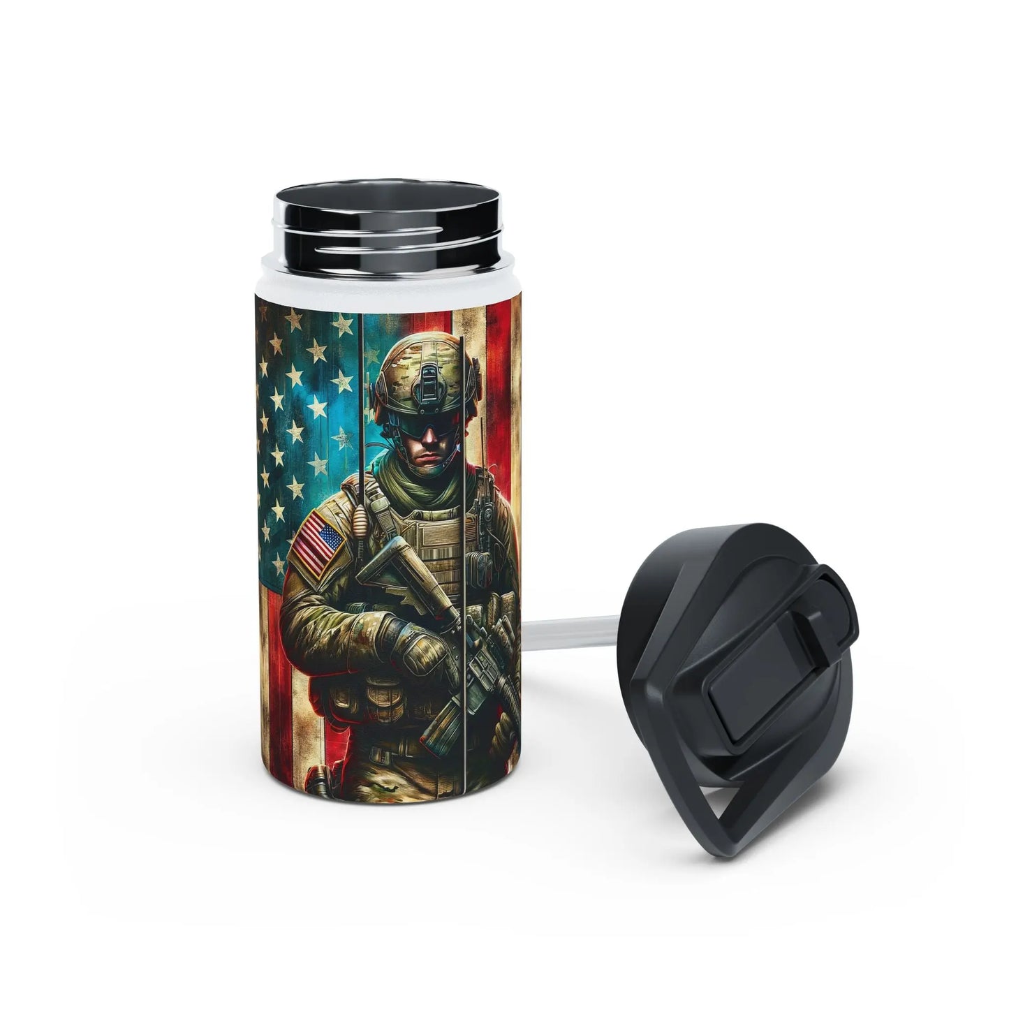 Patriotic Soldier and American Flag Stainless Steel Water Bottle - Tumbler World