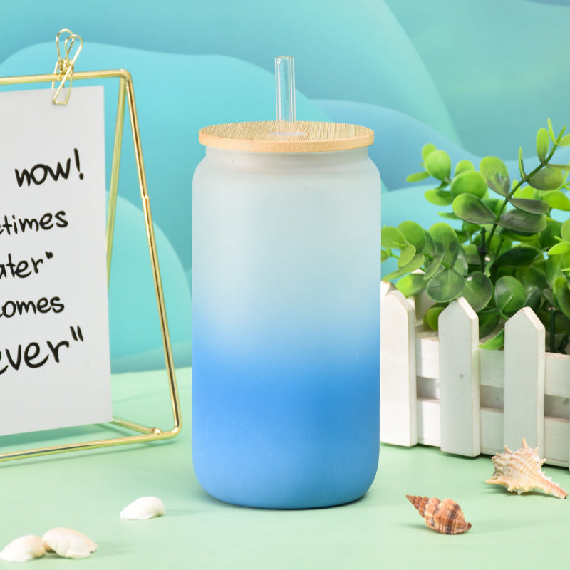 Gradient Matte Frosted Glass Can with Bamboo Lid - Tumbler World