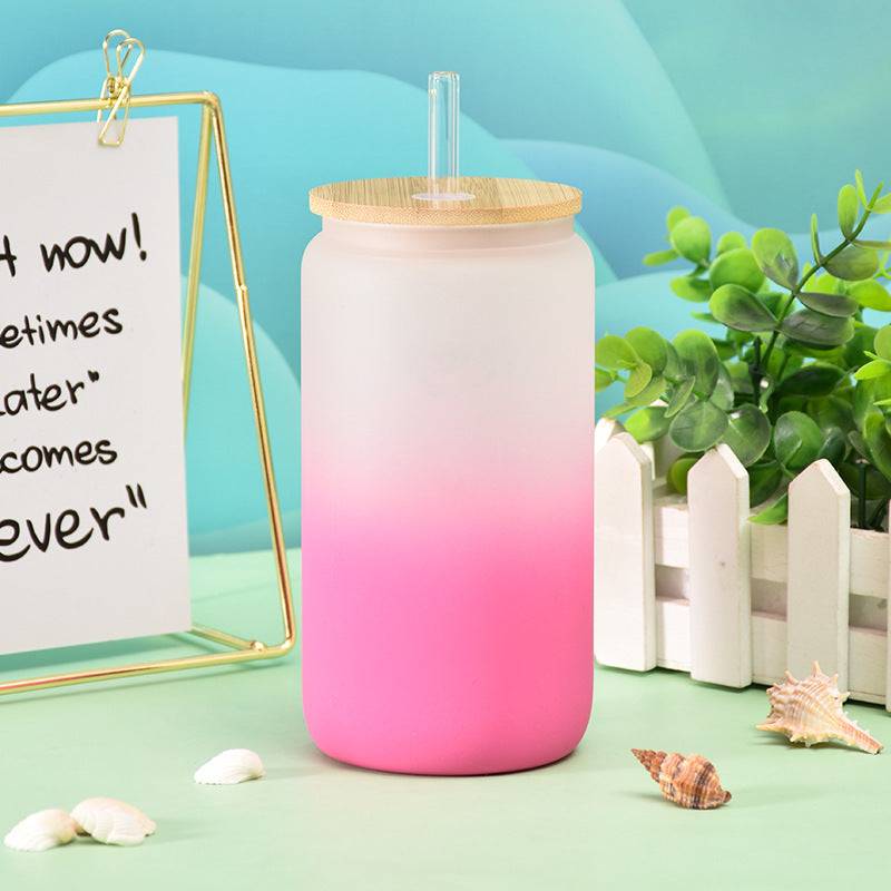 Gradient Matte Frosted Glass Can with Bamboo Lid - Tumbler World