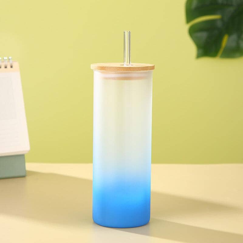 Gradient Matte Frosted Glass Can with Bamboo Lid Drinkware Tumbler World Lake Blue 500ml 401 500ml 