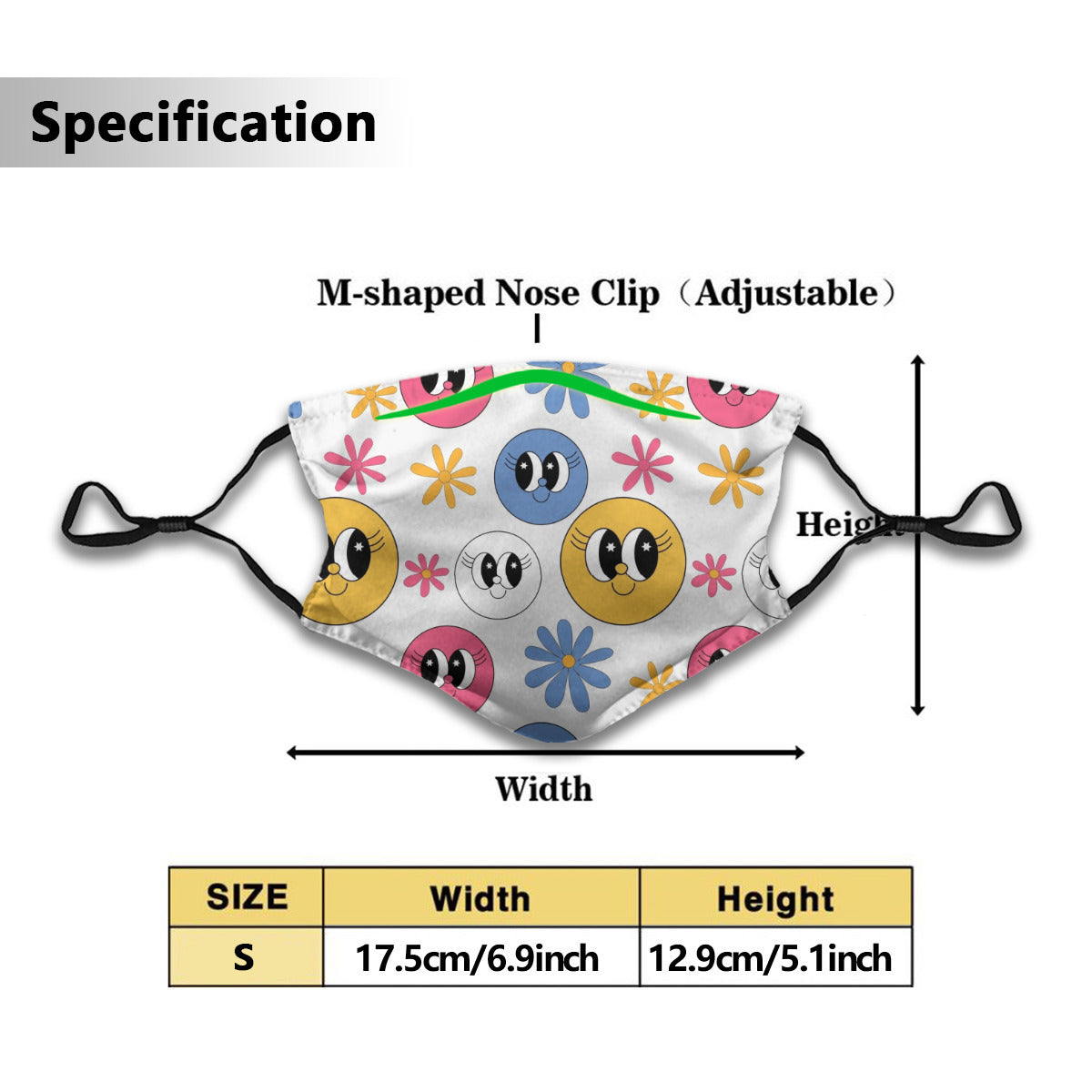 Mask with Colorful Smiley Faces and Flowers Design