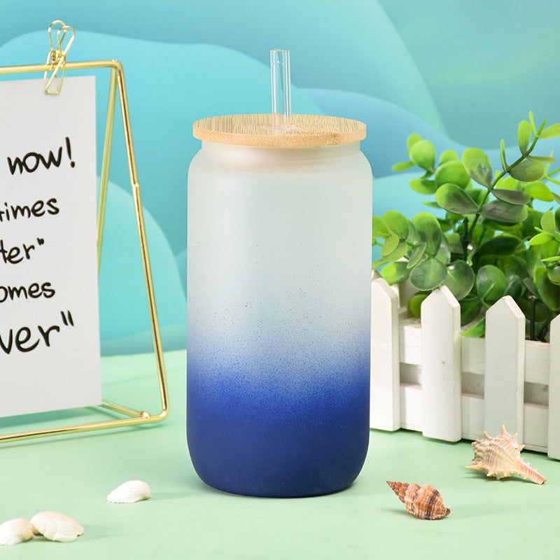 Gradient Matte Frosted Glass Can with Bamboo Lid Drinkware Tumbler World Dark Blue 550ml 401 500ml 