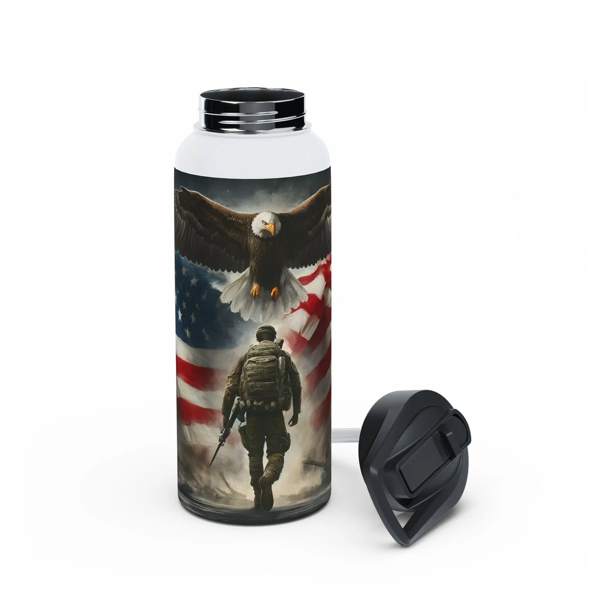 Patriotic Soldier and Eagle American Flag Stainless Steel Water Bottle - Tumbler World