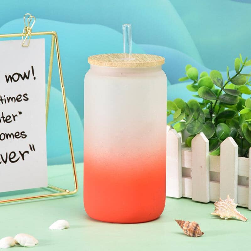 Gradient Matte Frosted Glass Can with Bamboo Lid Drinkware Tumbler World Orange 550ml 401 500ml 