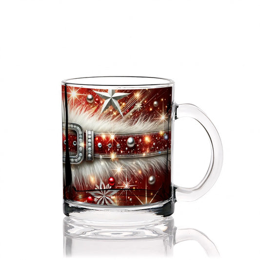 Santa-themed clear glass mug with festive design