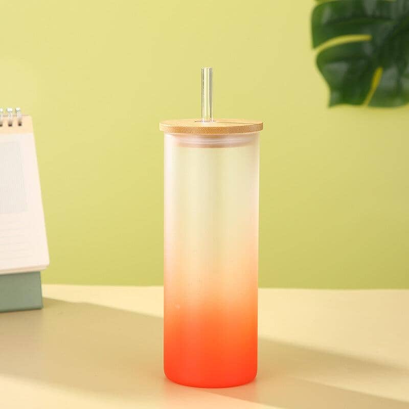 Gradient Matte Frosted Glass Can with Bamboo Lid Drinkware Tumbler World Orange 500ml 401 500ml 