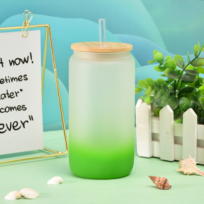 Gradient Matte Frosted Glass Can with Bamboo Lid Drinkware Tumbler World Green 550ml 401 500ml 