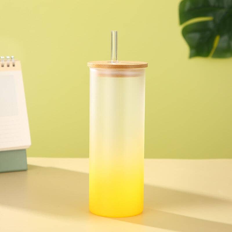 Gradient Matte Frosted Glass Can with Bamboo Lid Drinkware Tumbler World Yellow 500ml 401 500ml 