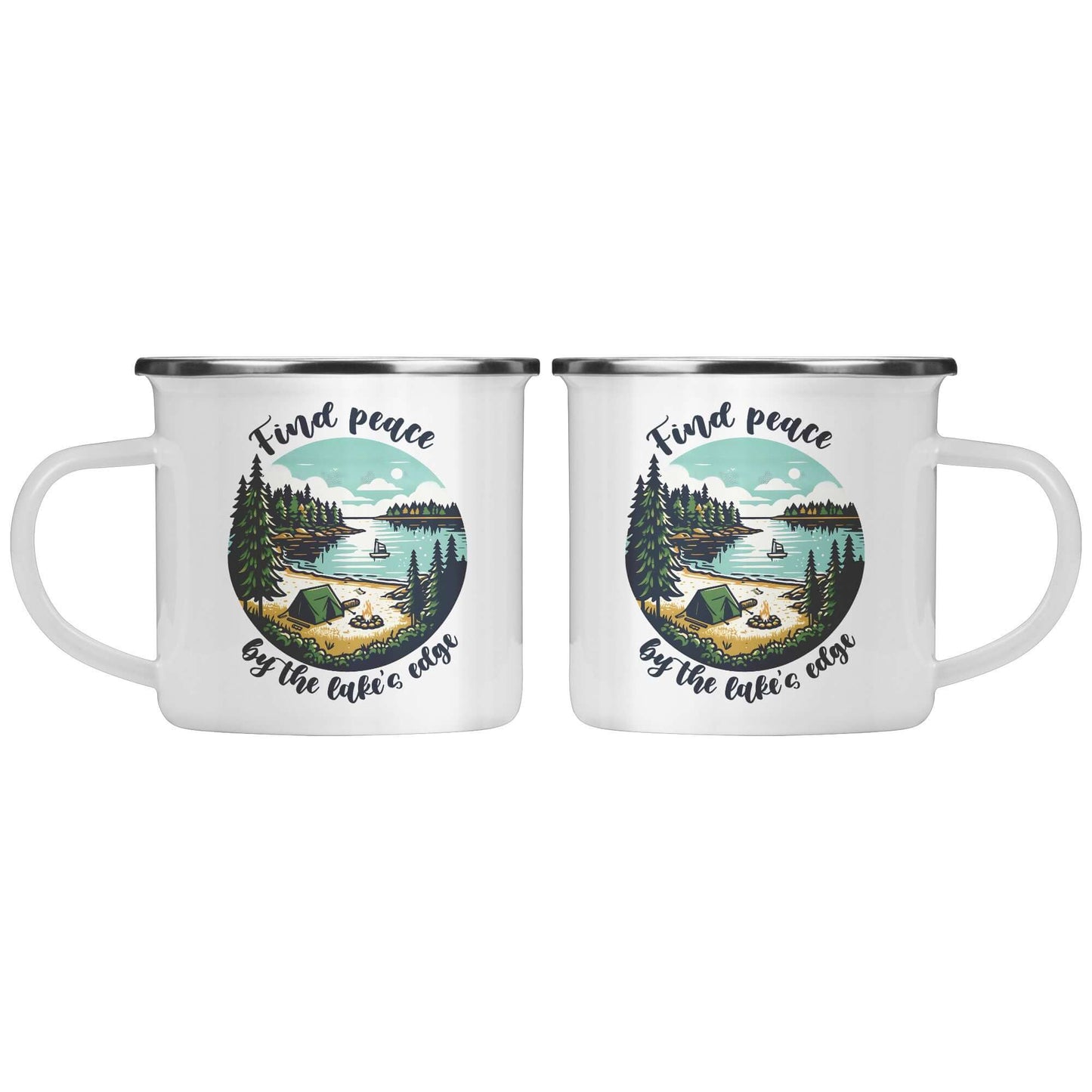 Find peace by the lake's edge enamel mug Mugs Tumbler World 